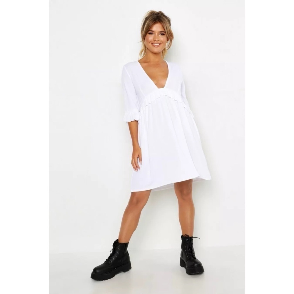 Boohoo White Ribbed Ruffle Smock Dress